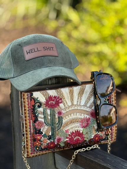 Desert Sunrise Beaded Cactus and Floral Crossbody Handbag front with accessories ( not included 