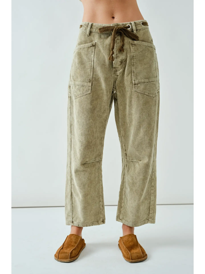 Barrel Corduroy Pants with Eyelet Waist- Olive