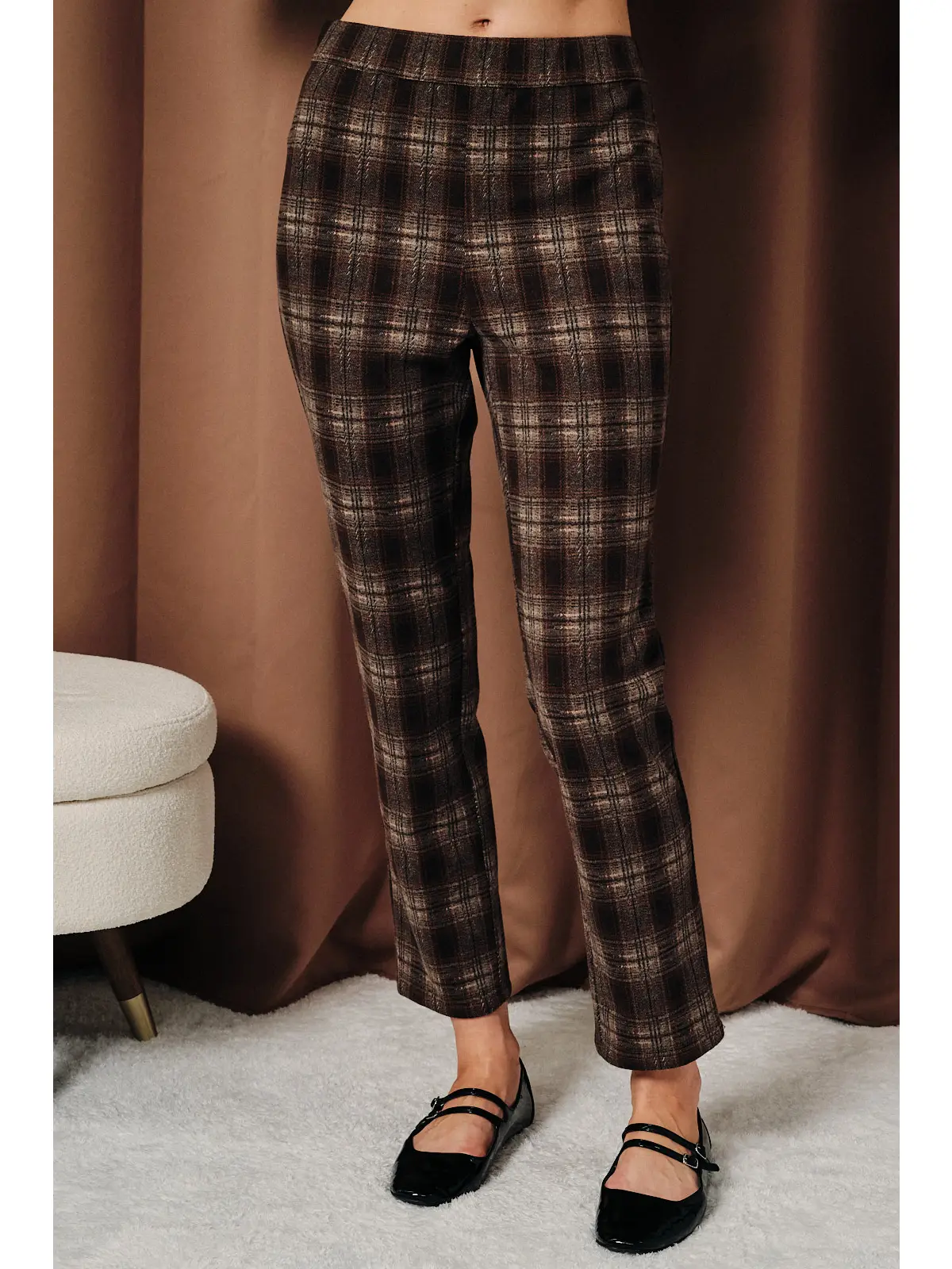 Mid Waist Plaid Stretch Woven Flare Cropped Pants, brown/rust plaid-front