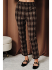 Mid Waist Plaid Stretch Woven Flare Cropped Pants, brown/rust plaid-front