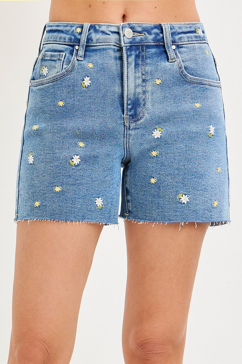 Kim High Rise Floral EMB Shorts medium wash-front