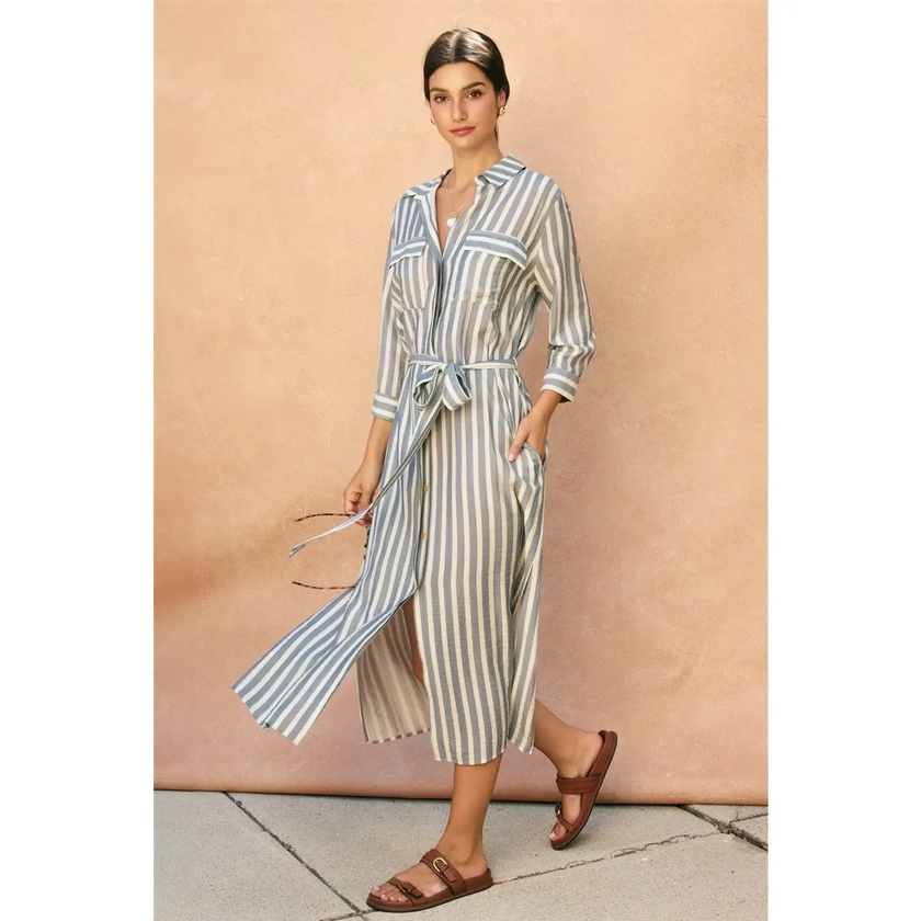 Saltwater Stripe Belted Maxi Shirt Dress