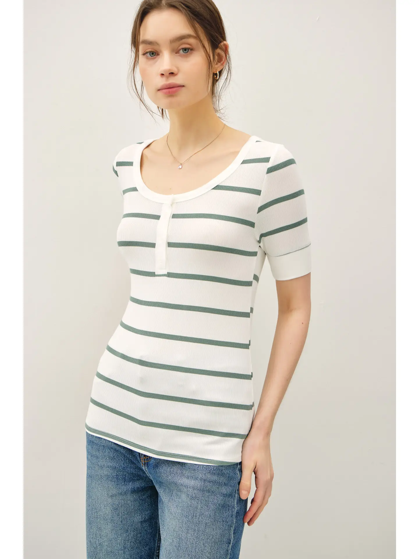 Classic Ribbed Striped Scoop Neck tee front spruce