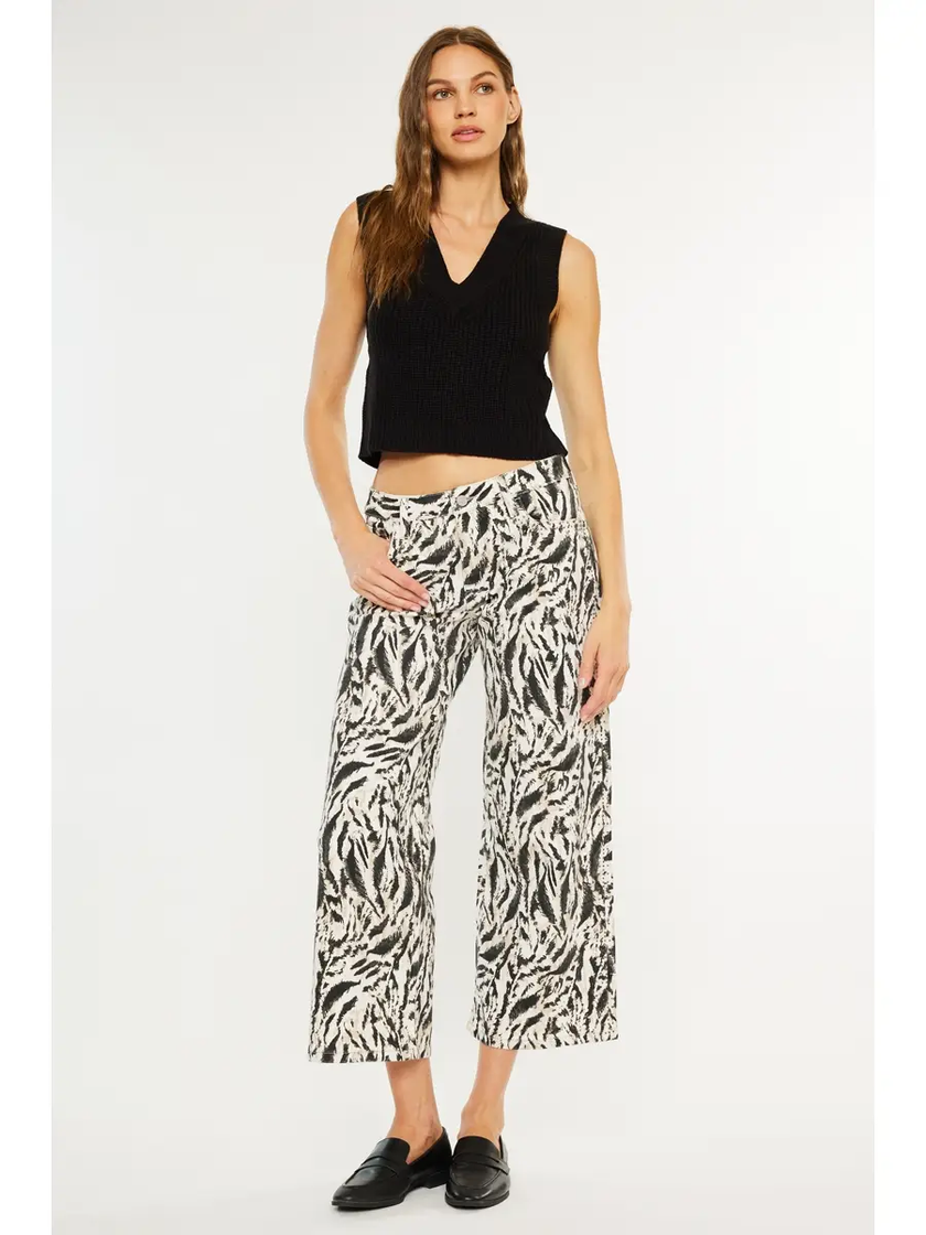 MID RISE PRINTED CROP WIDE LEG JEANS beige front