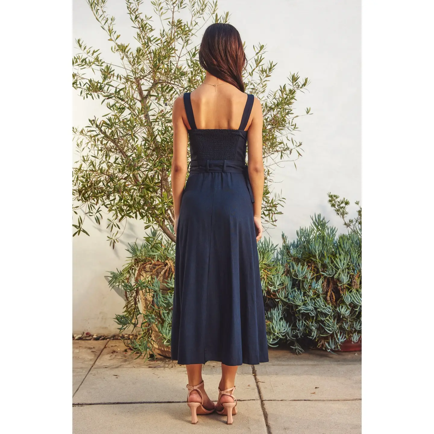 Linen Square Neck Buckle Midi Dress, navy-back