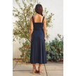 Linen Square Neck Buckle Midi Dress, navy-back