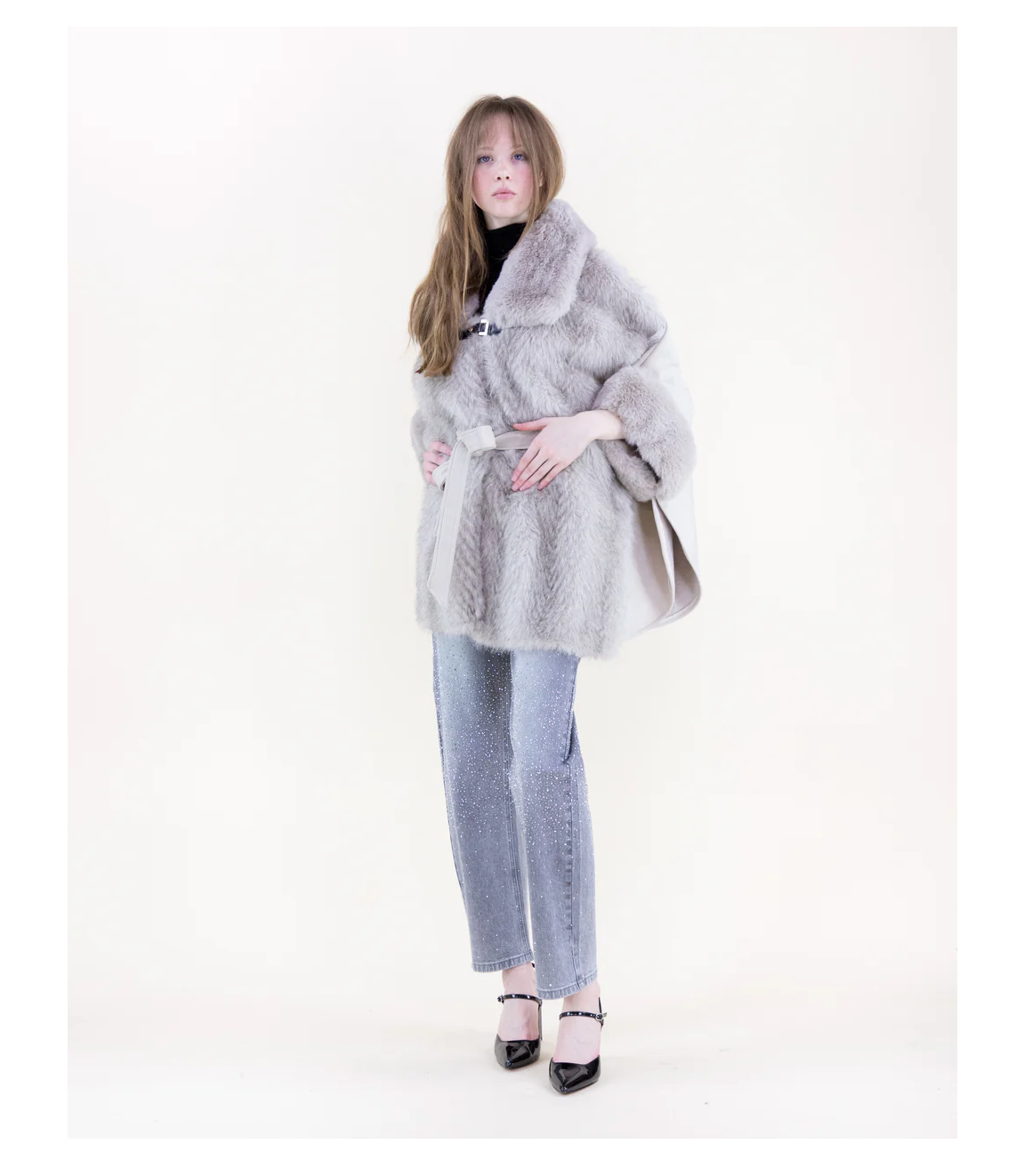 Wide Vegan Fur Collar Herringbone Suede Belted Cape front