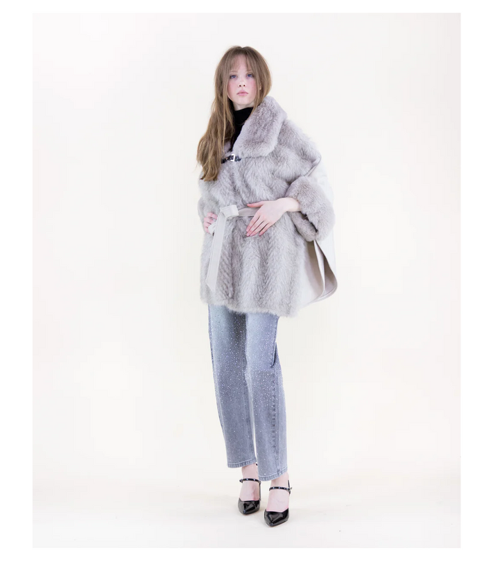Wide Vegan Fur Collar Herringbone Suede Belted Cape front