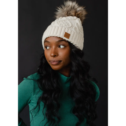 Beige Cable Knit Pom Hat