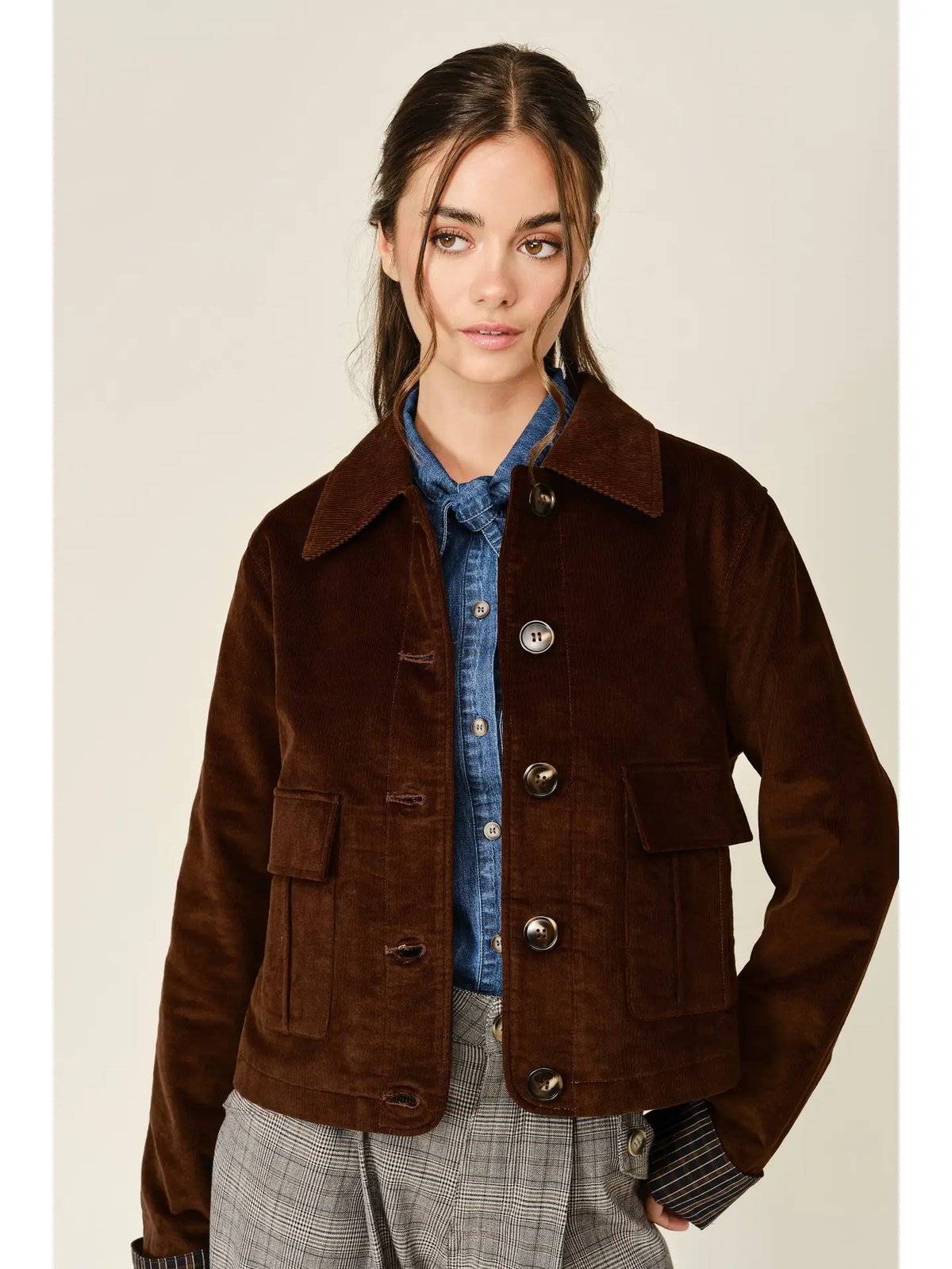Cord Pocket Jacket with Plaid Cuffs front unbuttoned
