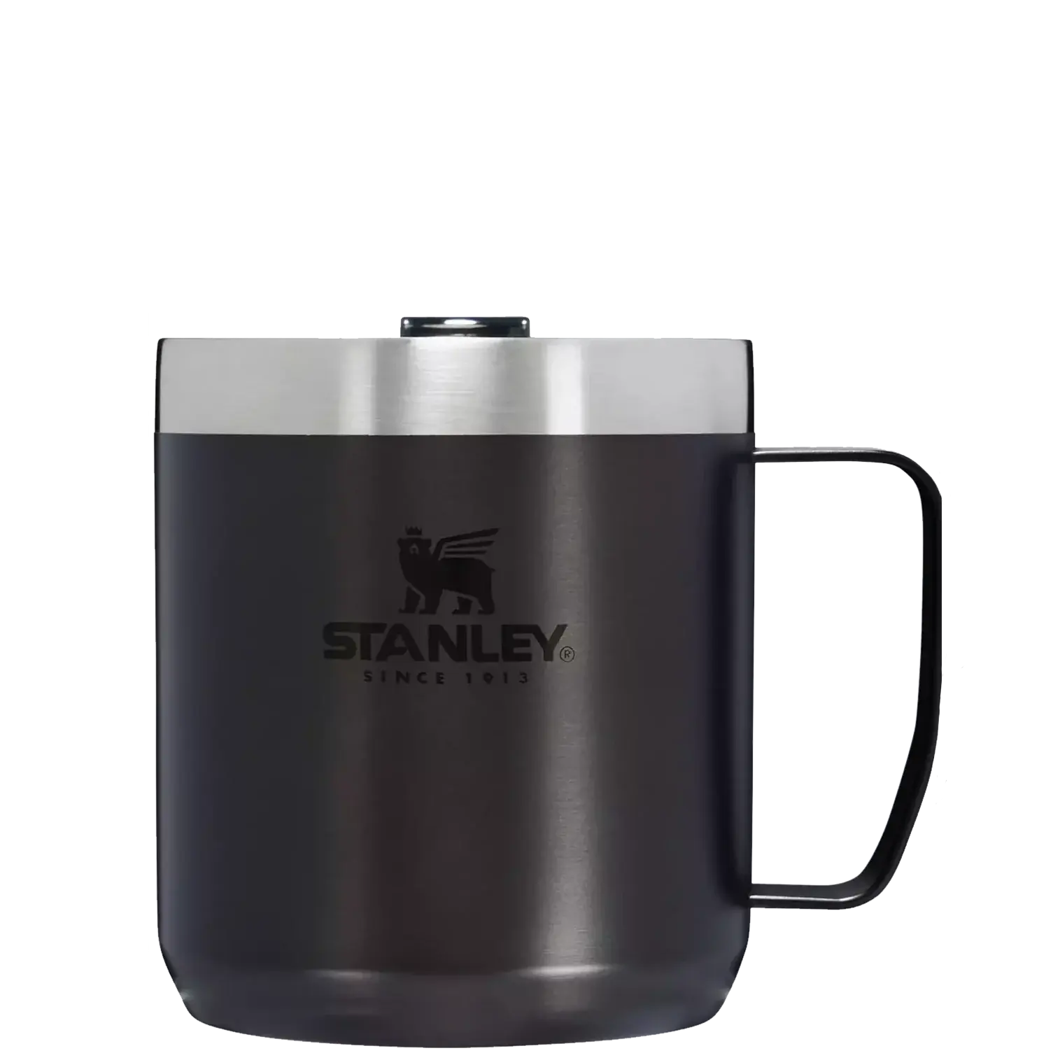 The Stanley Classic Legendary Camp Mug | 12oz features a black and stainless steel design, handle, Tritan lid, double-wall vacuum insulation, and 