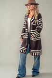 Aztec Print Long Body Open Knit Cardigan ONE SIZE Brown Front/side