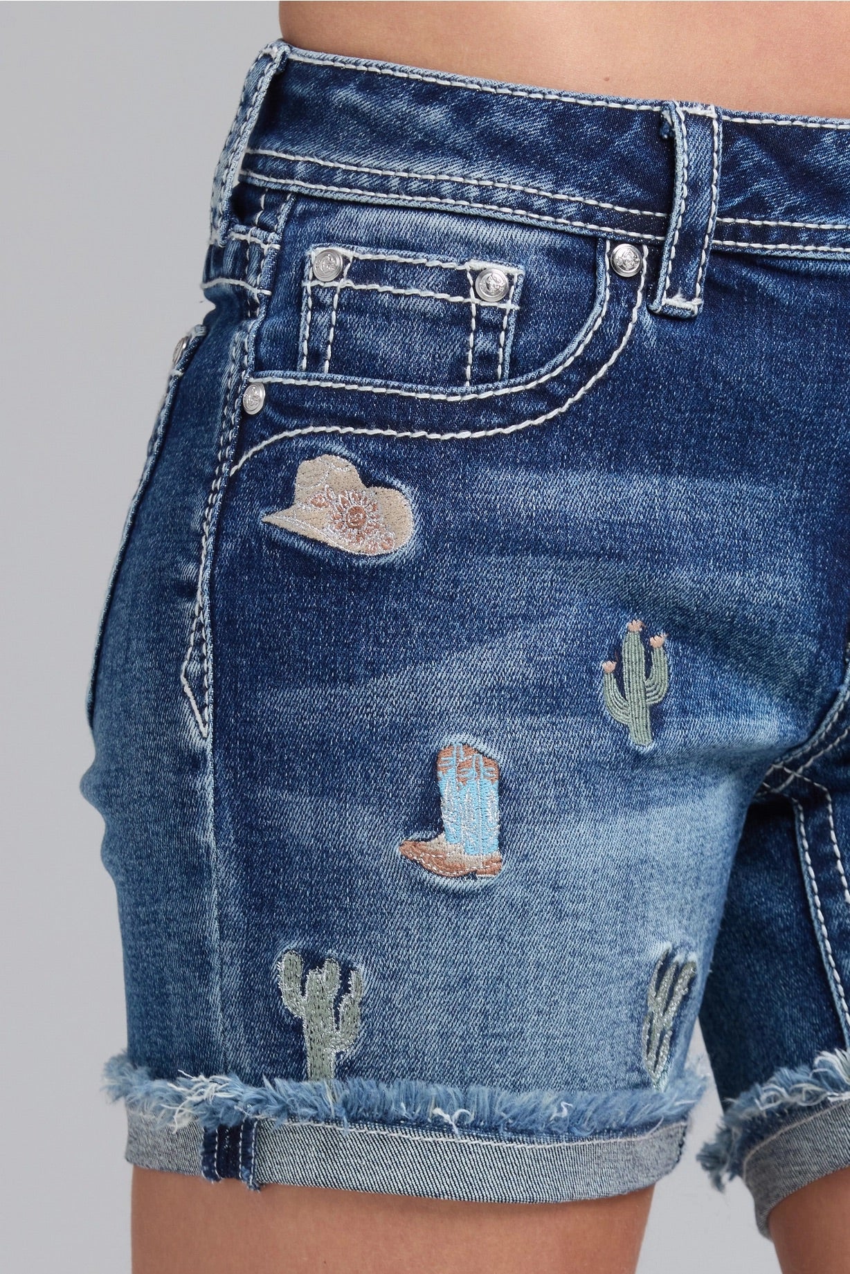 Grace Denim Cactus Floral Embroidered Short