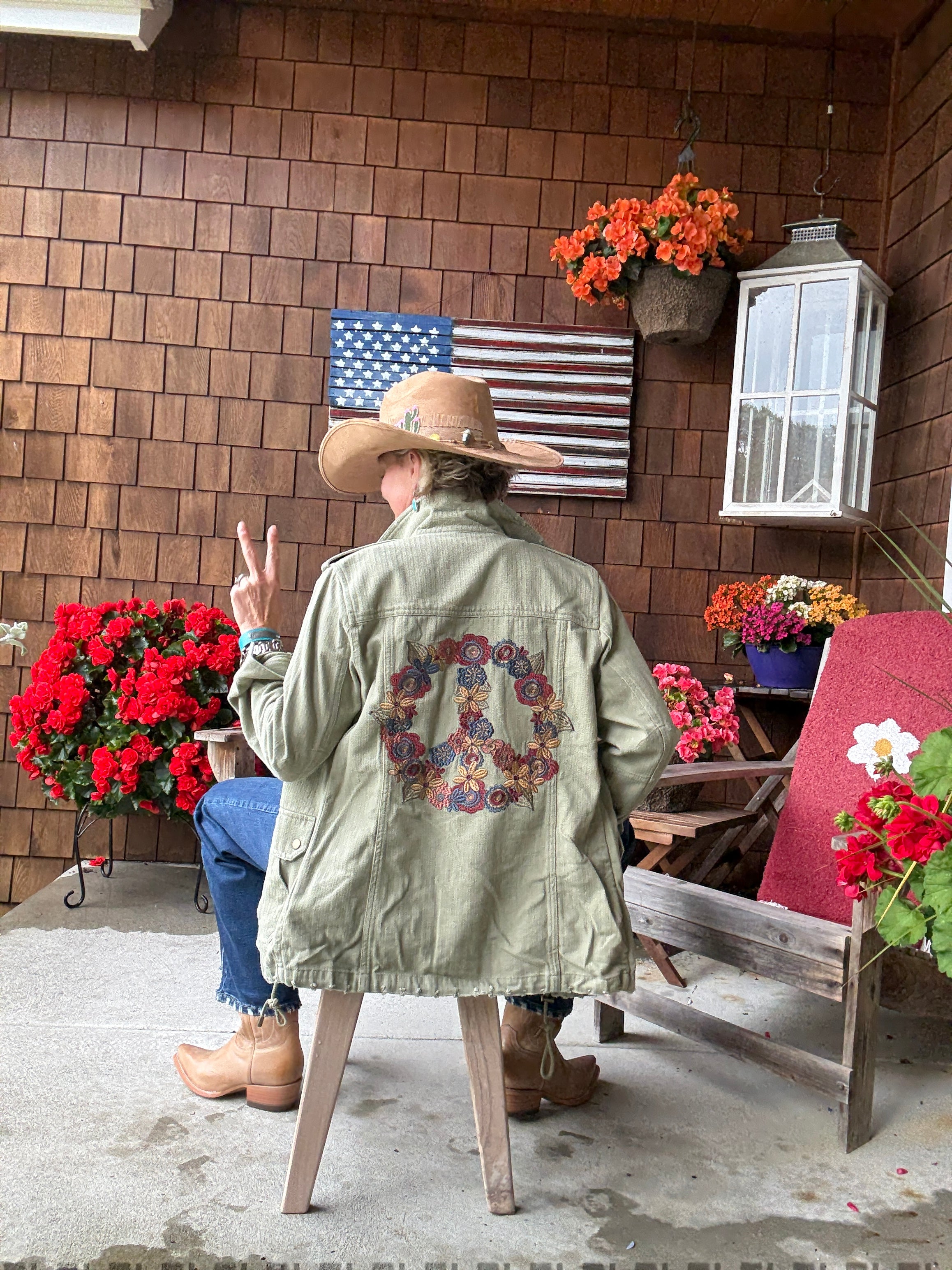 Herringbone Cargo Jacket W Peace Sign back