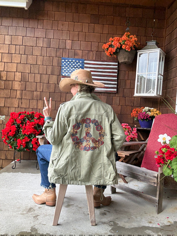 Herringbone Cargo Jacket W Peace Sign back