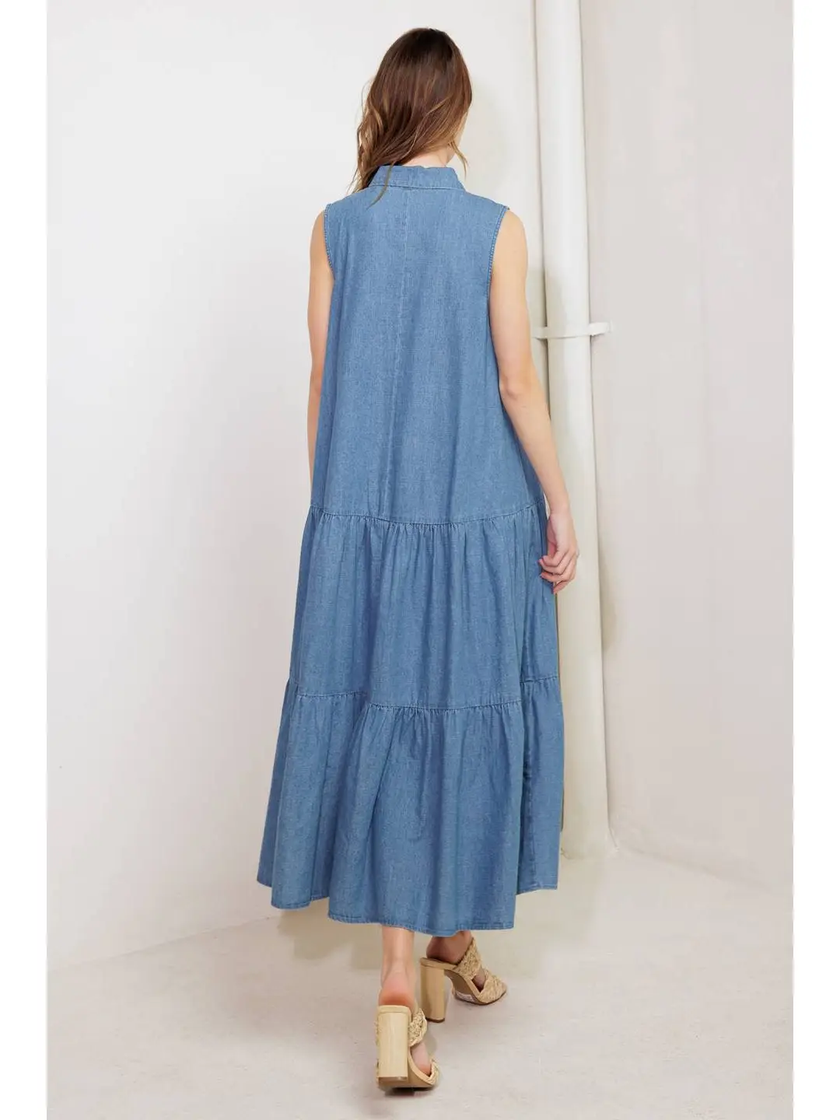 A washed denim midi dress