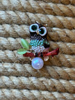 Emerald Eyes Owl Pin Black White