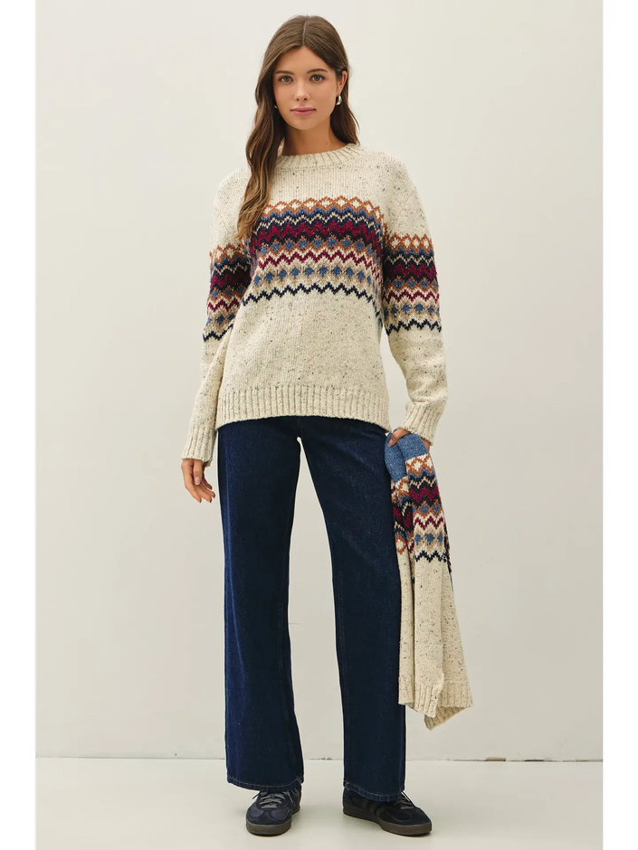 Chunky Knit Speckled Fair Isle Stripe Sweater, denim-front