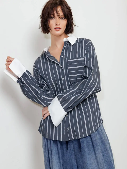 A striped woven top charcoal front