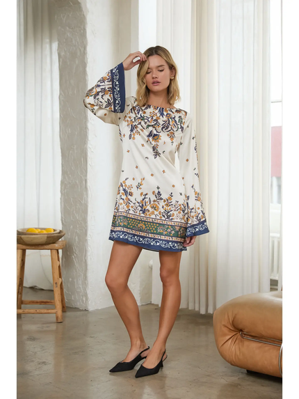 Border Print Satin Mini, ivory/navy-front
