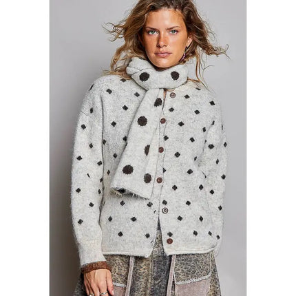 Clara Polka Dot Knit Cardigan w Scarf