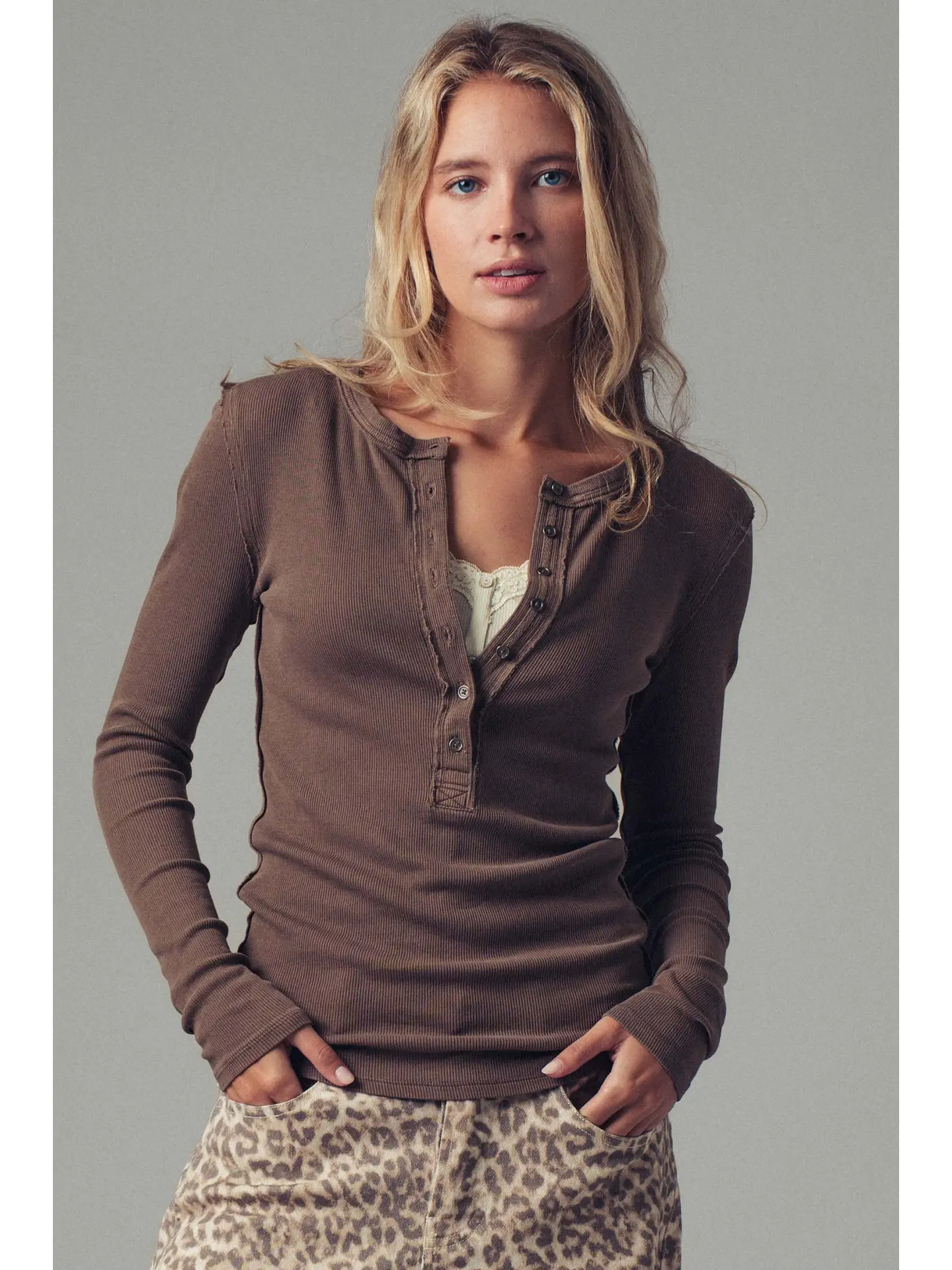Long Sleeve Henley Top in Soft Ribbed Knit brown front