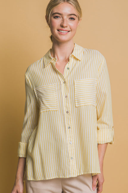 Jane Striped Roll Up LS Button Down Blouse lemon