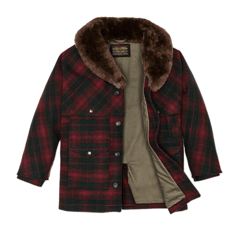 Filson Lined Wool Packer Coat red and black stock open