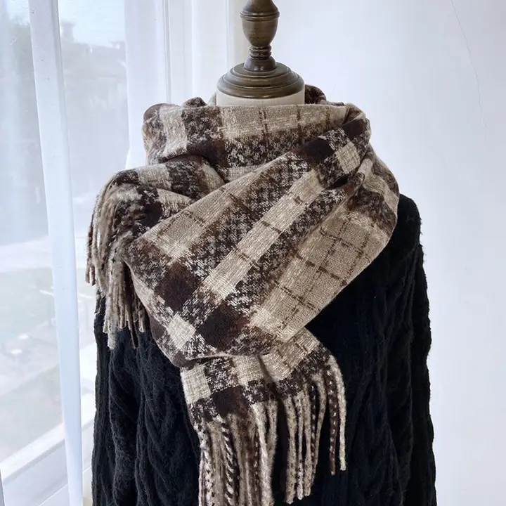 Plaid Warm Tassel Scarf light coffee