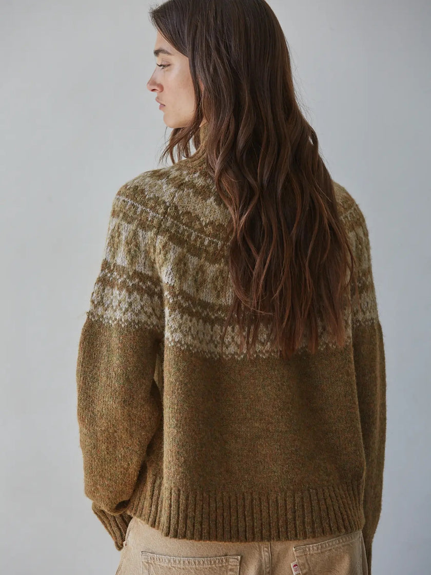 Knit Sweater Fair Isle Mock  Neck Pullover - Olive Brown