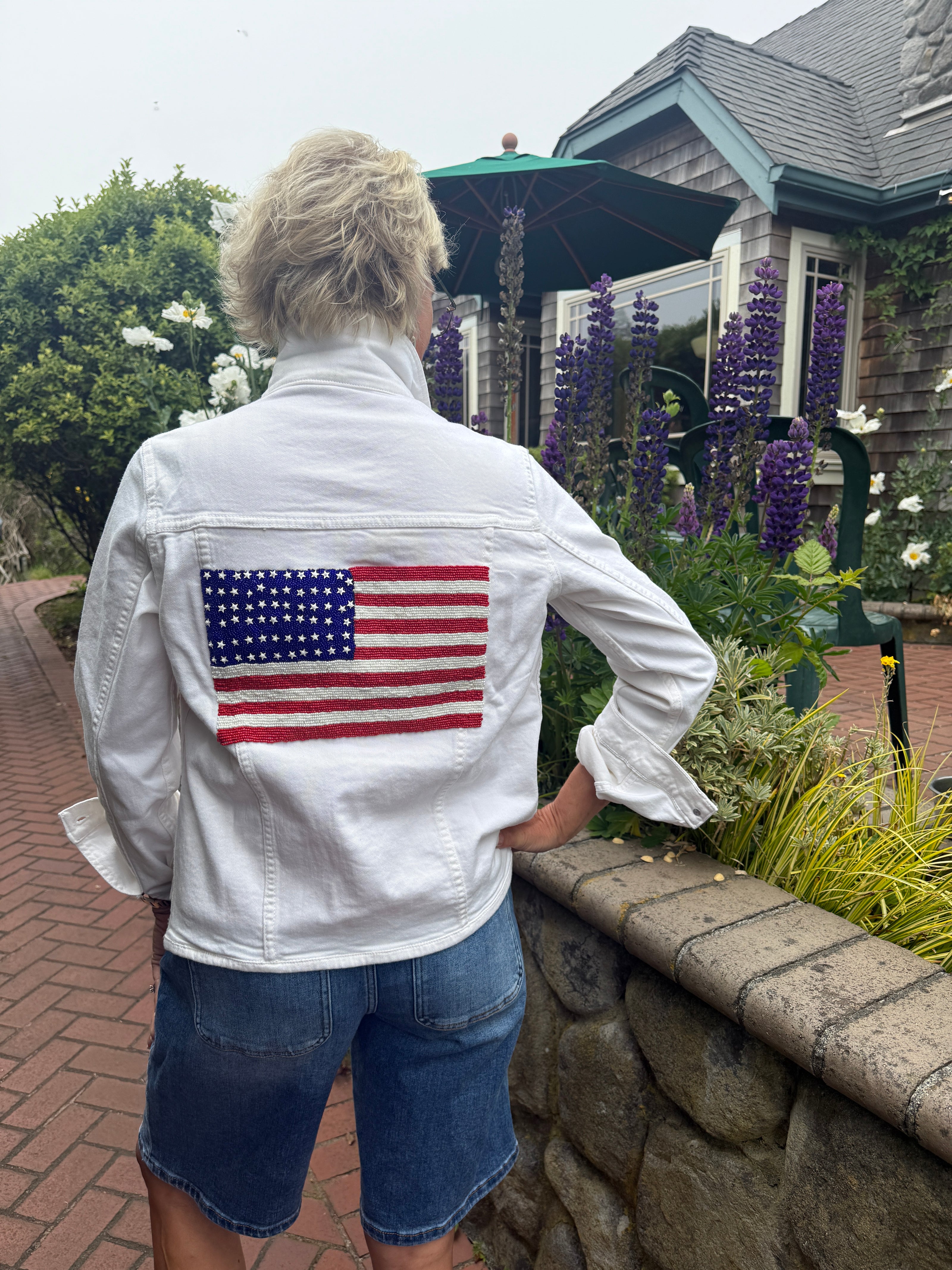 White Denim Beaded Flag Jacket