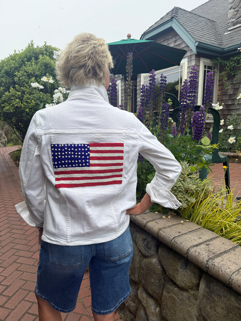White Denim Beaded Flag Jacket