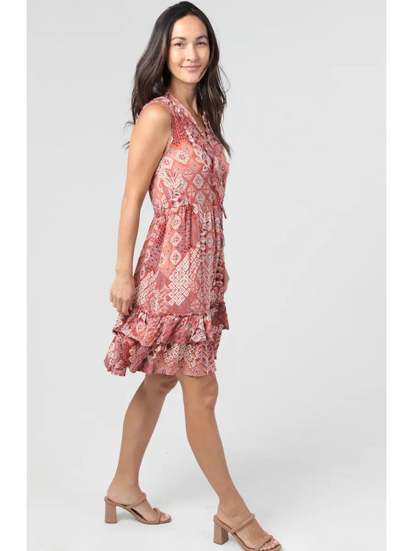 V Neck Button Front Ruffle Tank Dress
