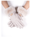 Pastel Tone Gloves w/Faux Fur Cuff Outline Stitch Detail Khaki