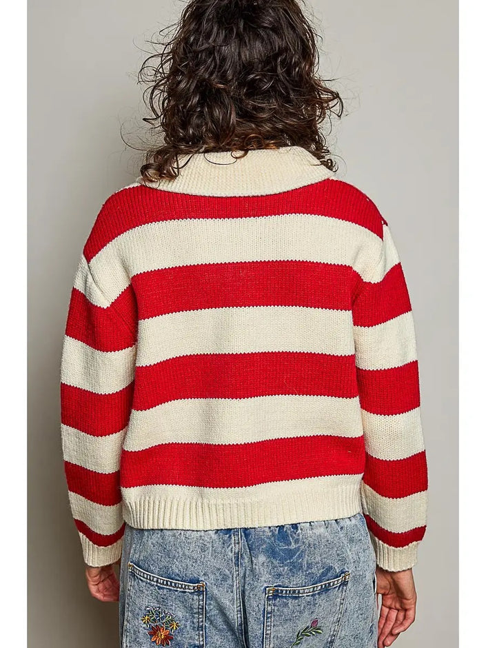 Cream Multi Red 1/4 Button Sweater Cardigan One Size