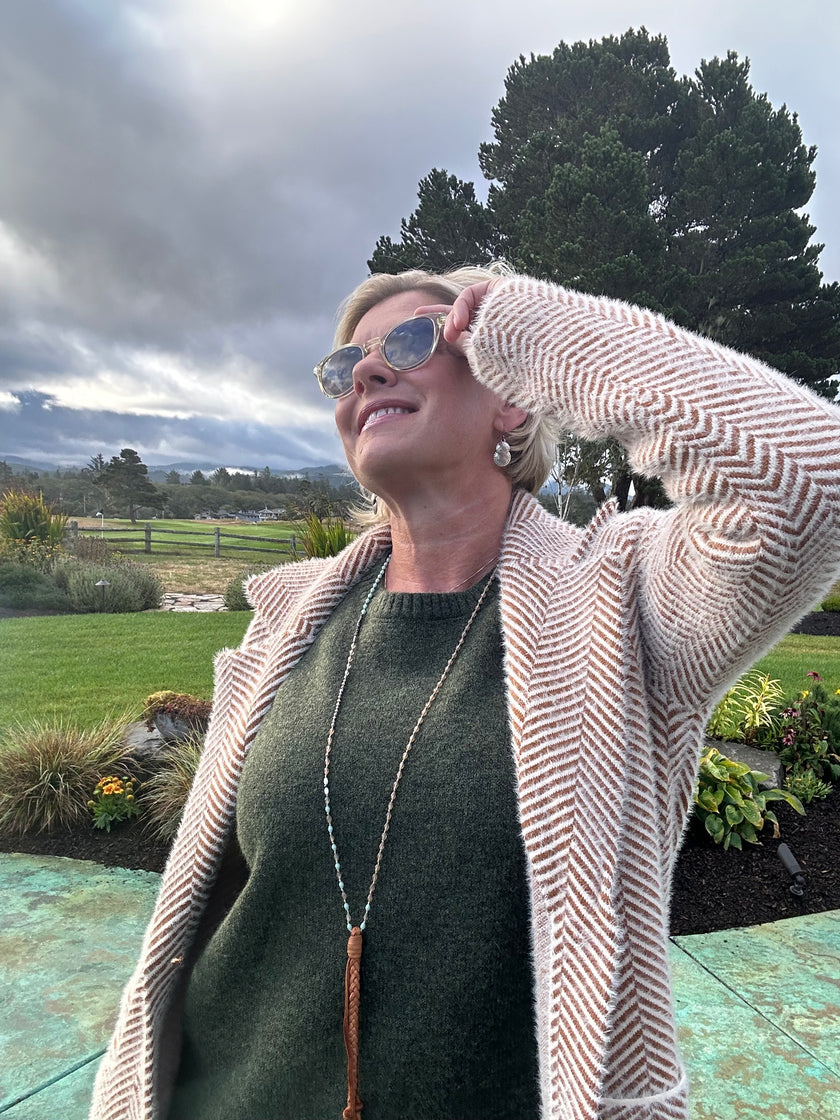 Holly Cozy Cord Mid Length Coat beige front close up