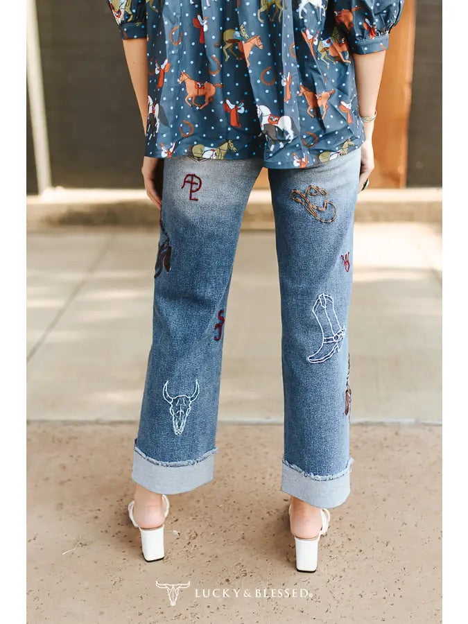 Giddy up Embroidered Cuffed Denim