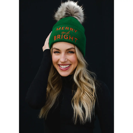 Green Merry & Bright Knit Pom Hat, green/red-front