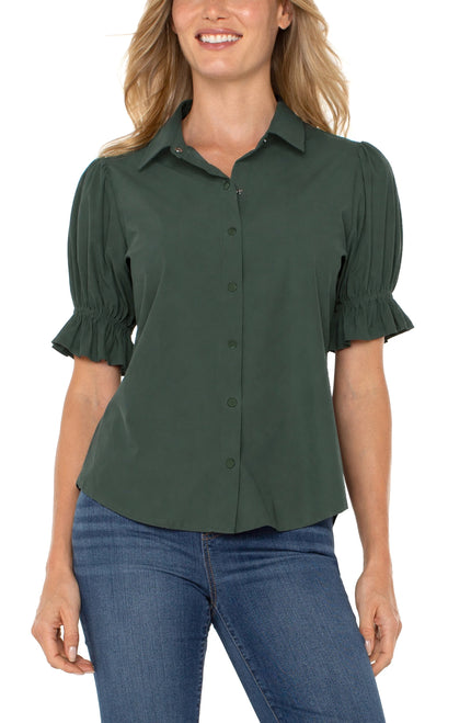 Calla Puff Sleeve Button Blouse, dark spruce-front