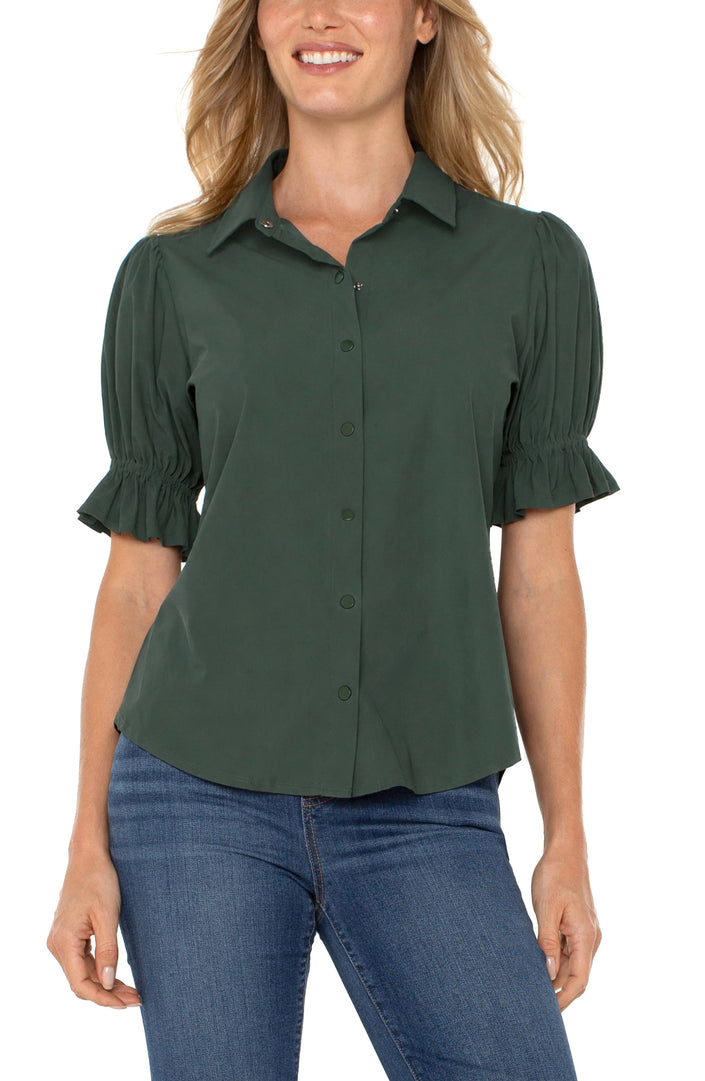Calla Puff Sleeve Button Blouse, dark spruce-front