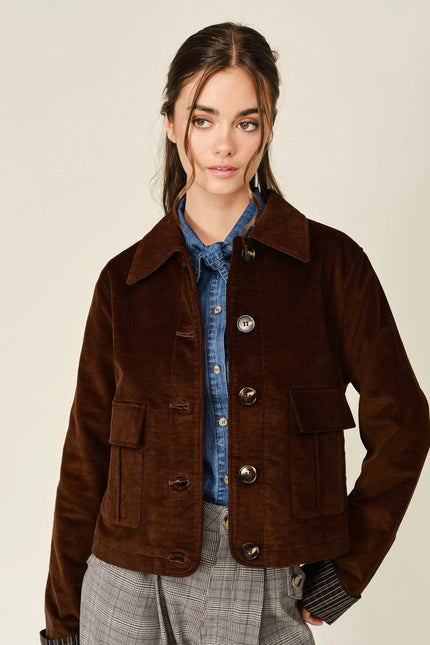 Reese Corduroy Button Plaid Jacket, brown-front