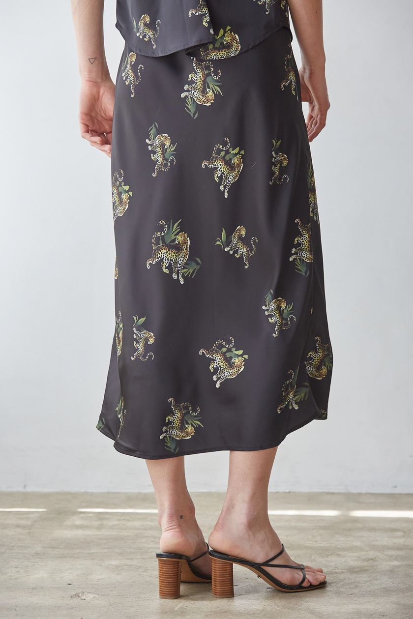 Woven Satin Animal Print Midi Skirt
