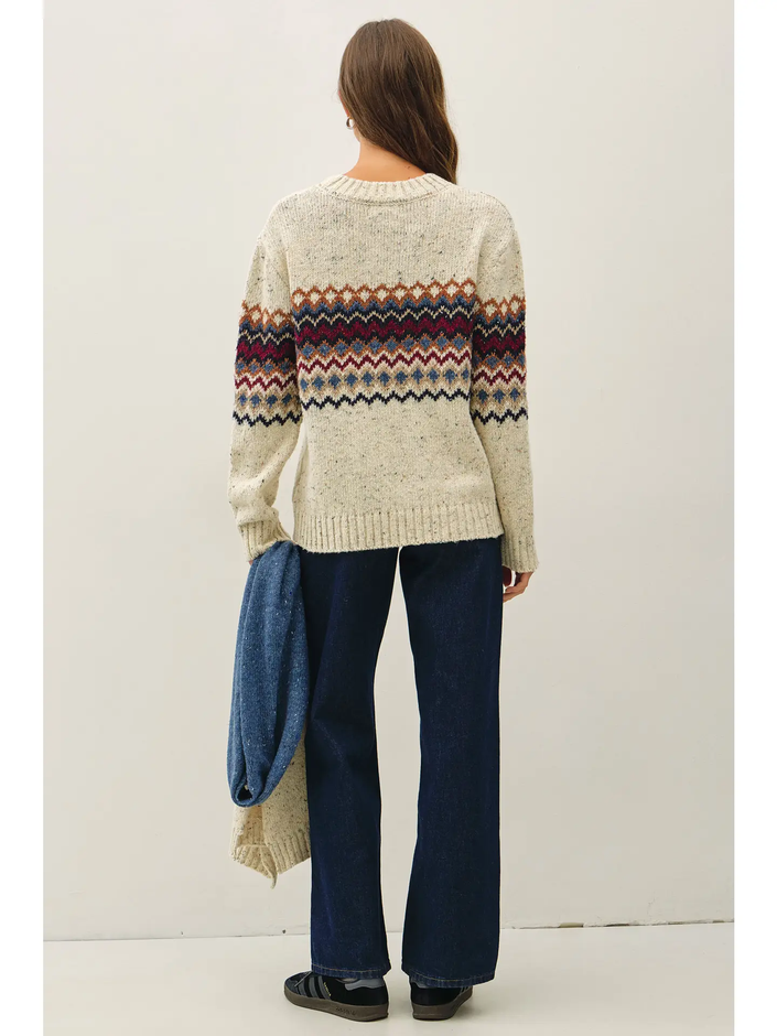 Chunky Knit Speckled Fair Isle Stripe Sweater, denim-back