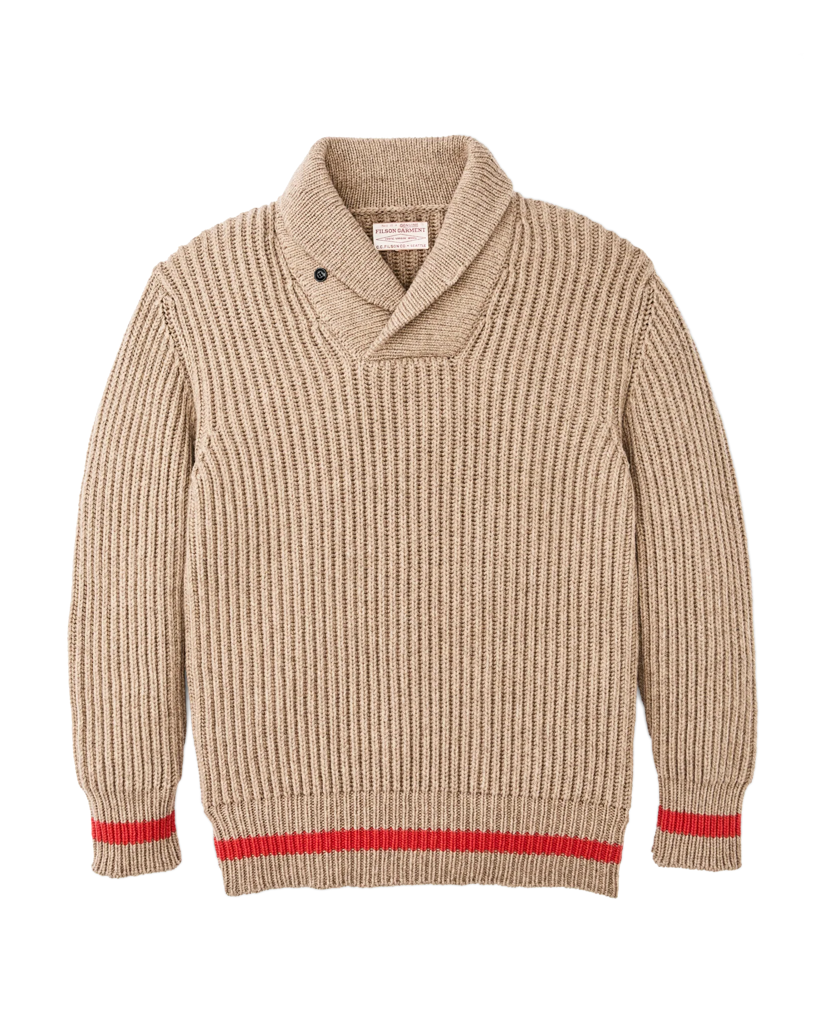 bristol shawl neck sweater oatmeal heather flame stripe front