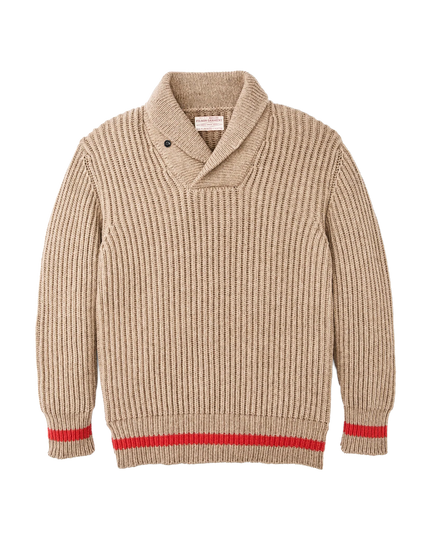 bristol shawl neck sweater oatmeal heather flame stripe front