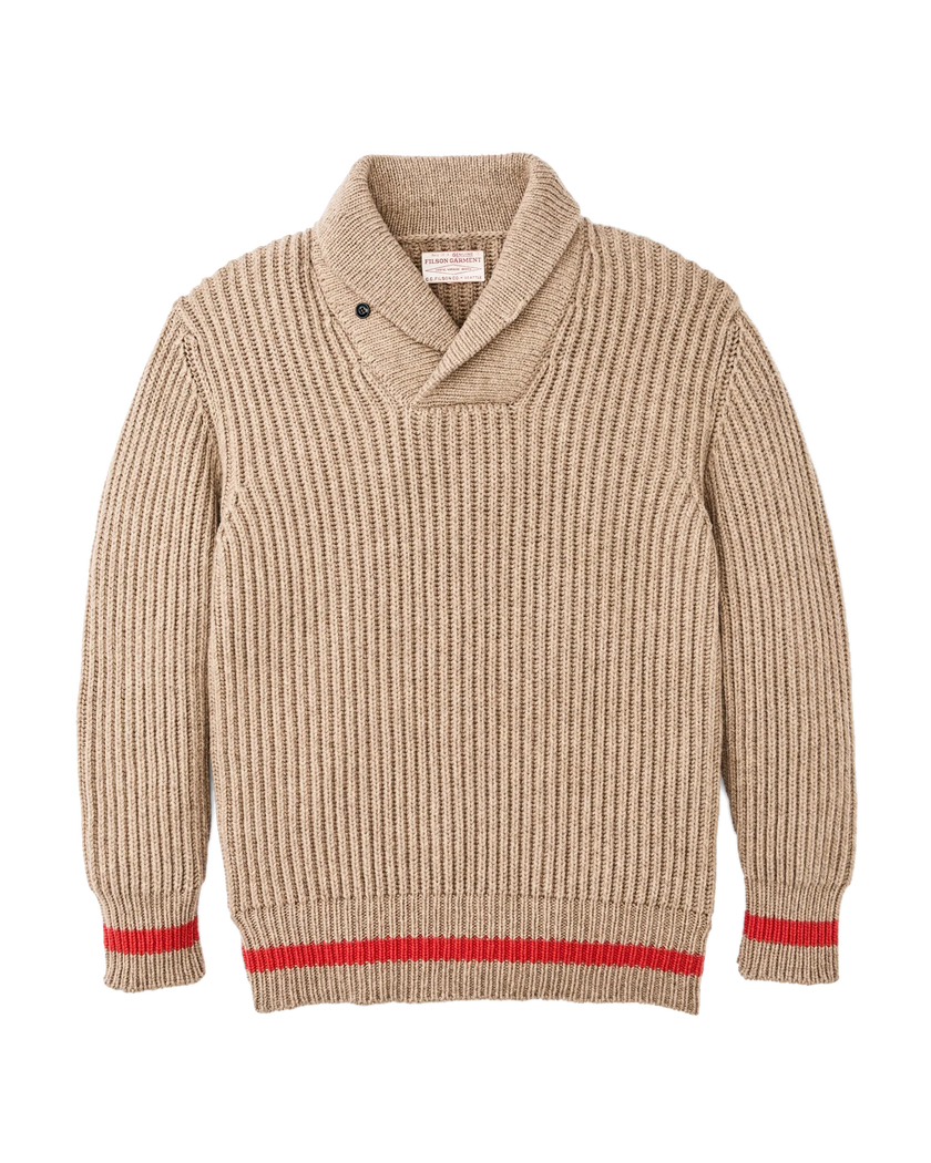 bristol shawl neck sweater oatmeal heather flame stripe front