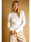 Half Snap Button Waffle Fabric Long Sleeve Top, off white-front