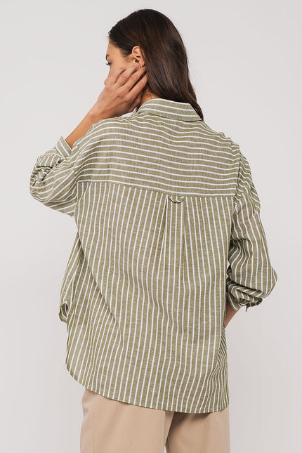 Linen Strict Stripes Oversized Dress Shirt olive back