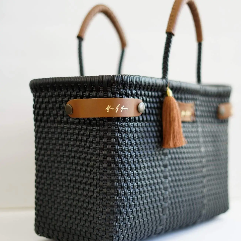 Less Pollution Convertible Handbag black pearl side leather detail