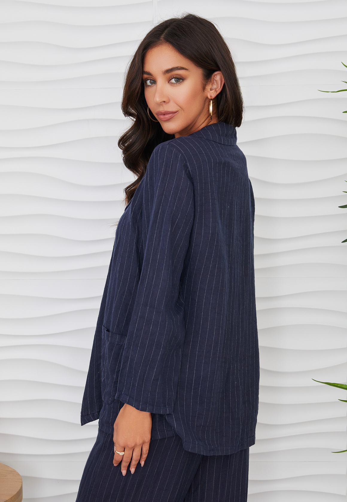 Pinstripe Linen Open Blazer